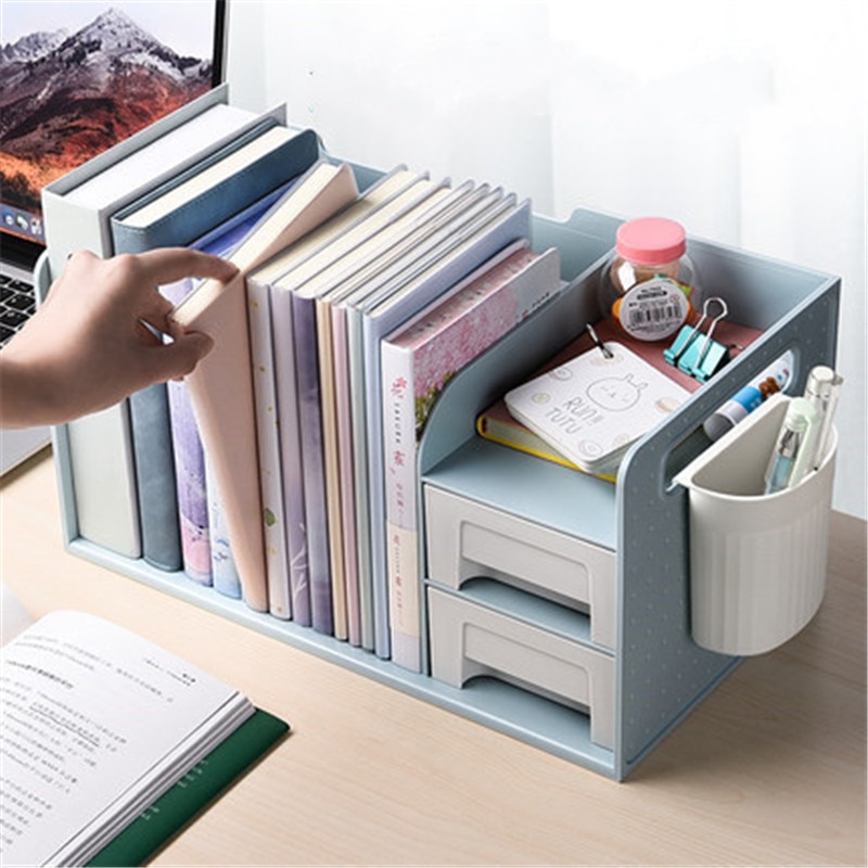 Porta-livros de plástico pp, termina com duas gavetas, suporte para livros, organizador e suporte para estudantes, mesa de escritório