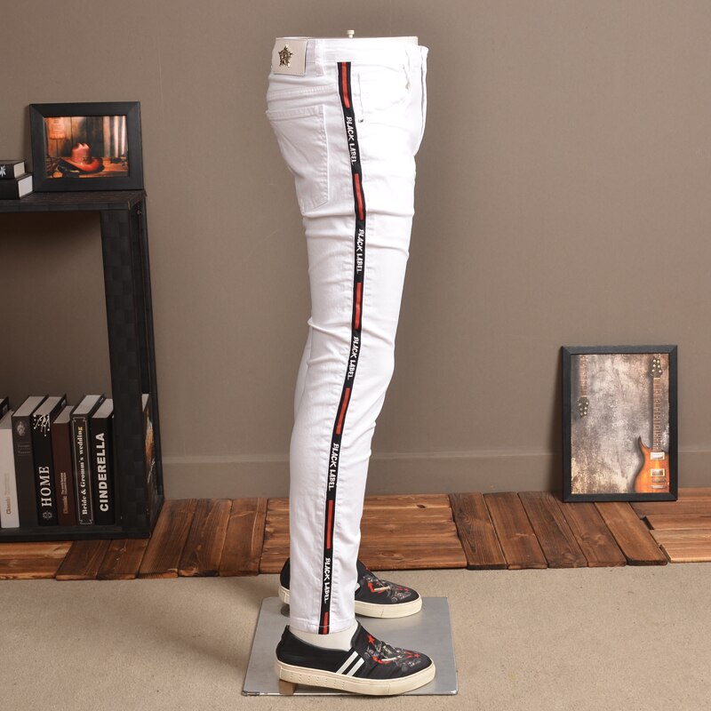 Men Skinny Jeans Elastic White Streetwear Side Stripe Pants for Cowboys P85