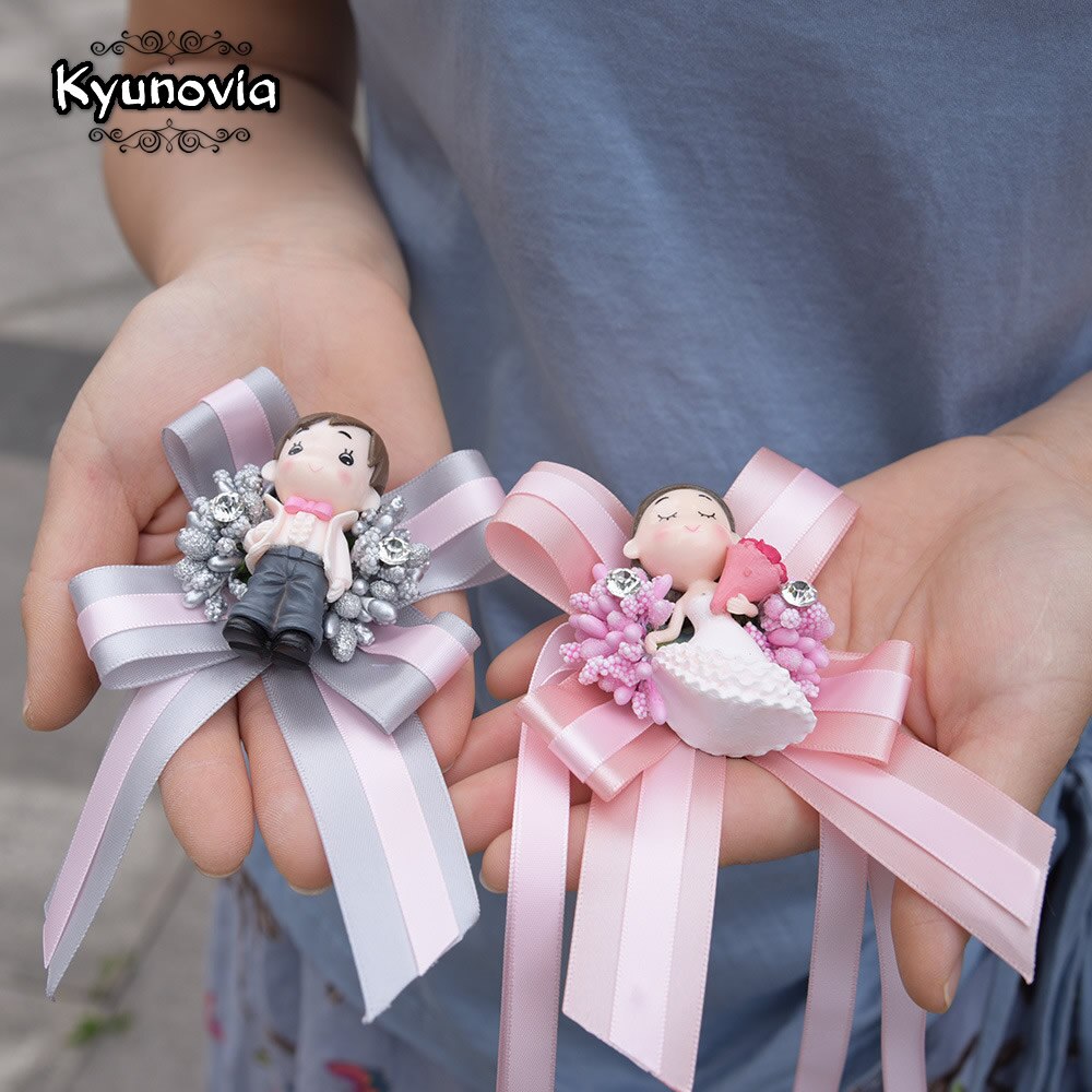 Kyunovia-botonniere de muñeca para boda, novio, ojal, solapa, Pin, pulsera nupcial, accesorios artificiales, ramillete de muñeca, FE79