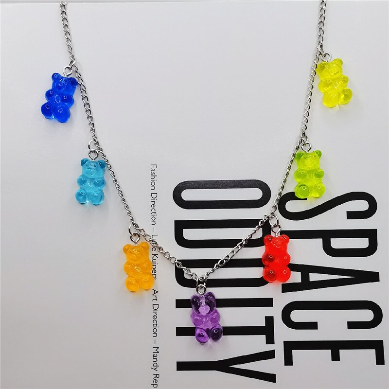 7 Colors Rainbow Pride Cute Jelly Bear Gummy Necklaces for Women Girls Cool Punk Hip Hop Resin Necklaces Accessories