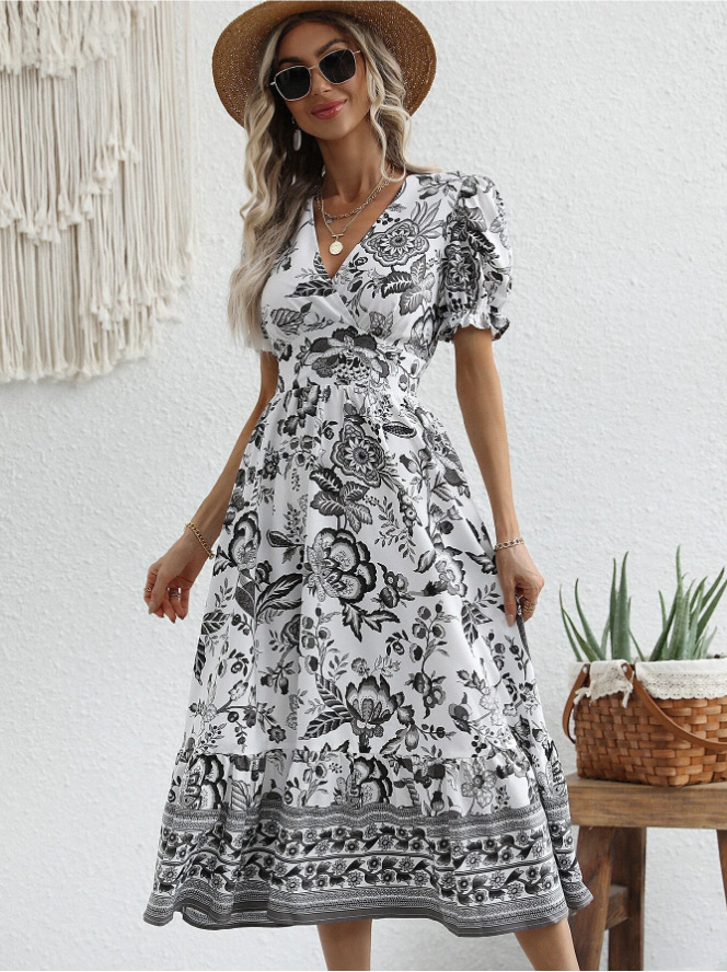 FSMG Floral Print V Neck Half Puff Sleeve Boho Maxi Dress Sweet Ethnic Style Beach Long Robe Evening Party Gowns: XXL / Gold