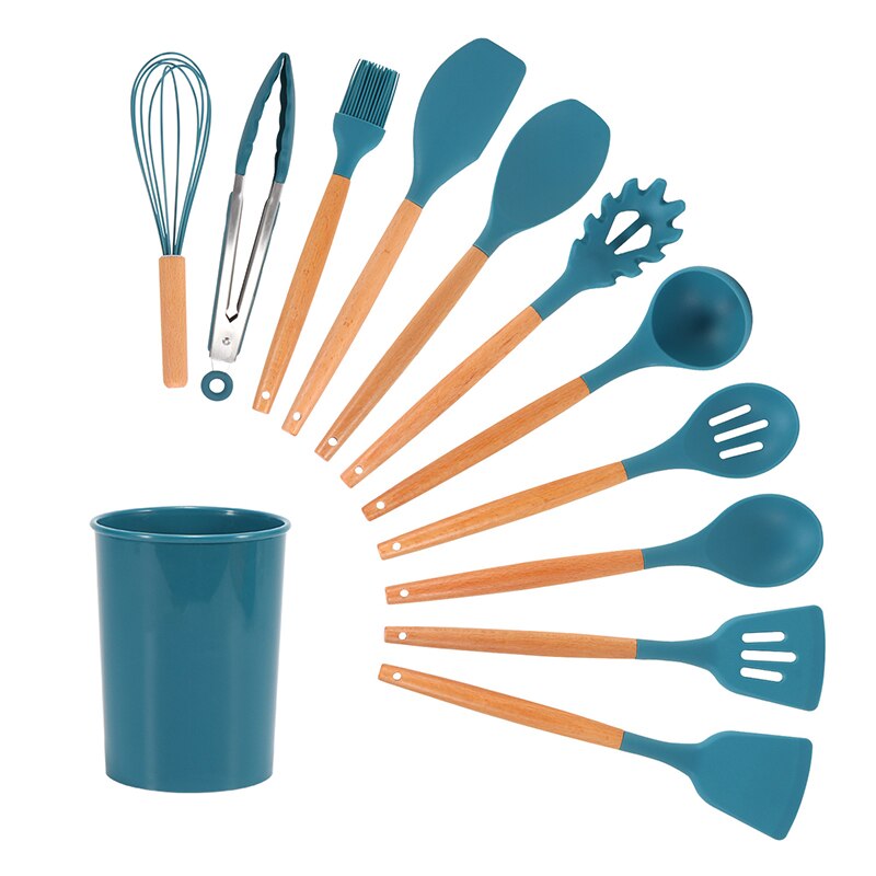 Silicone cuisine ustensiles de cuisine ensemble antiadhésif résistant à la chaleur ustensiles de cuisine manche en bois cuillère soupe louche ustensiles de cuisine Gadget de cuisson: 12PCS Deep Blue