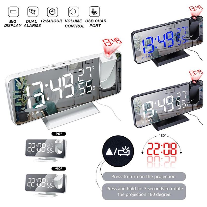 Electronic Digital Clock Temperature Humidity Display Multifunctional Radio Projection Alarm Clock LED Mirror Clock Home Decor