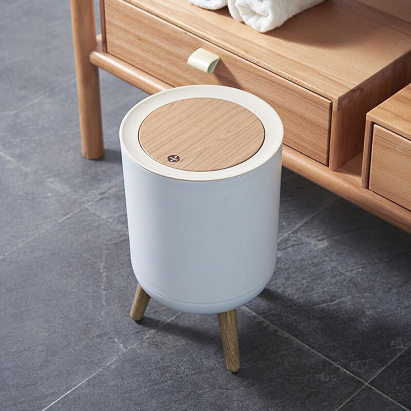 Mode Hoge Voet Imitatie Hout Vuilnisbak Ronde Desktop Met Druk Cover Prullenbak Woonkamer Wc Keuken Huisvuilemmer