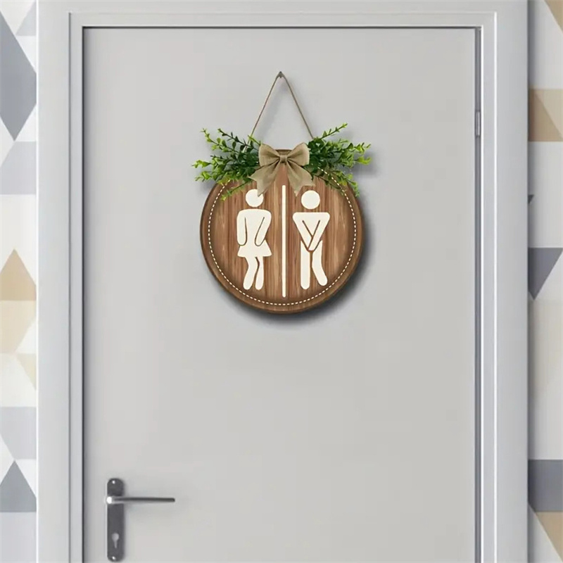 Guirnalda rústica de madera para decoración de pared, letreros de tablero redondo, letrero colgante para puerta de lavandería y baño, decoración divertida para inodoro Unisex