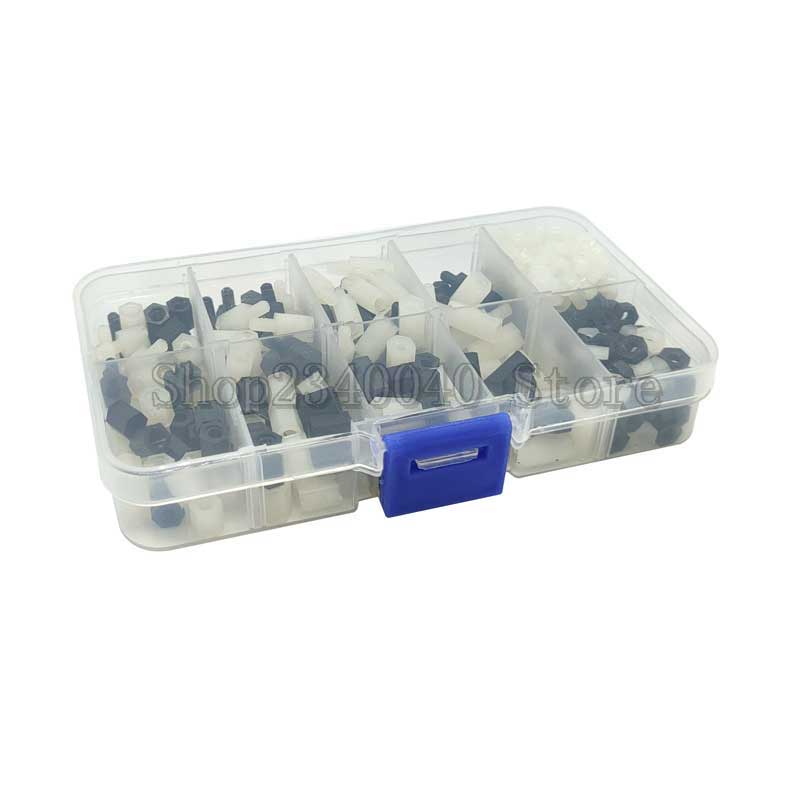 300pcs/set M3 Nylon Screw White/Black Female Male Hex Nylon Standoff Spacer Column Flat Head Nylon Plastic Spacing Screws Nuts