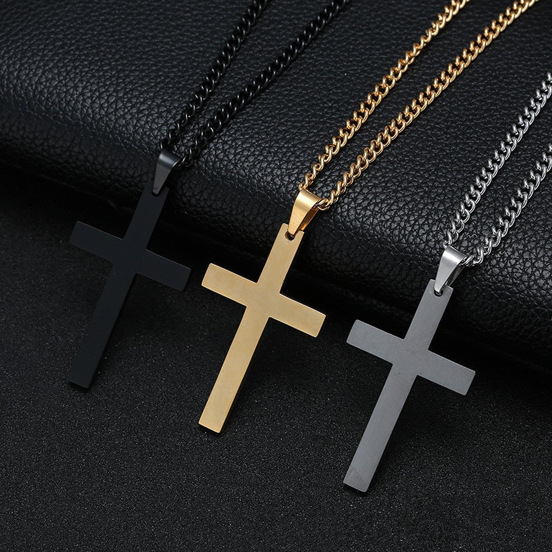 Punk Stainless Steel Cross Gold Silver Color Necklace for Women Men Vintage Chain Crystal Pendant Long Necklaces Jewelry