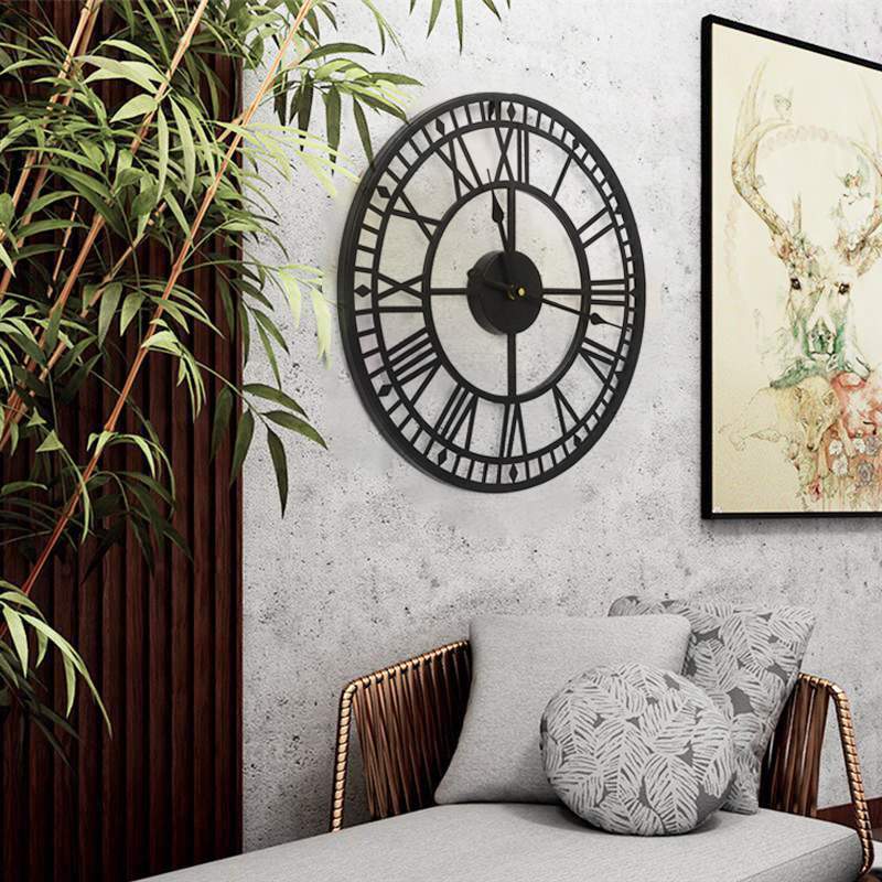 3D Circular Retro Roman Wall Clocks Wrought Hollow Iron Vintage Large Mute Decorative Wall Clock Home Living Room Decoration