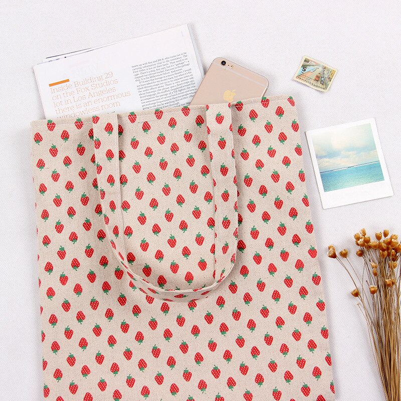 YILE 2 layer Cotton Linen Eco Reusable Shopping Tote Carrying Bag Strawberry L259