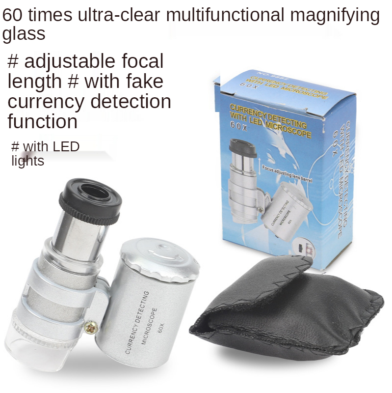 High power magnifying glass 60 times portable mini microscope with light