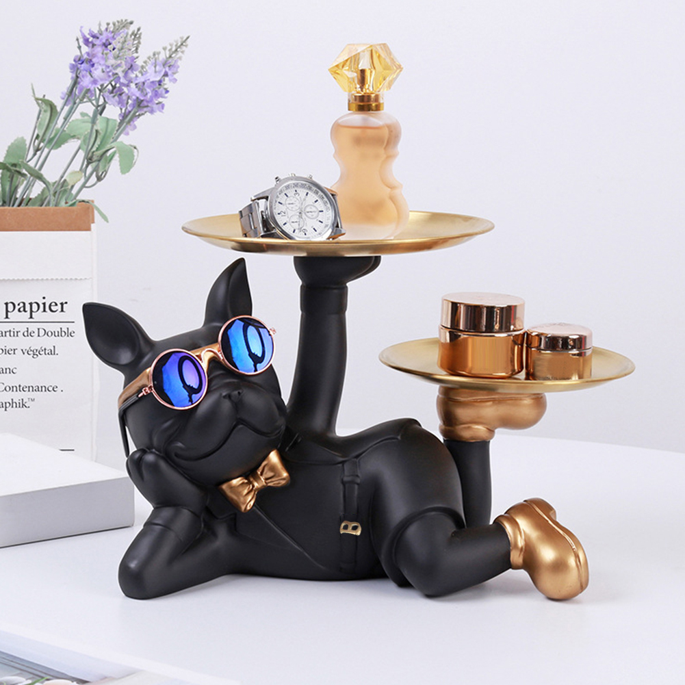 Estatua de perro de resina para decoración de sala de estar, escultura de perro, bandeja de mesa, adornos, estatuilla de Bulldog Francés para decoración de escritorio Interior del hogar: Negro