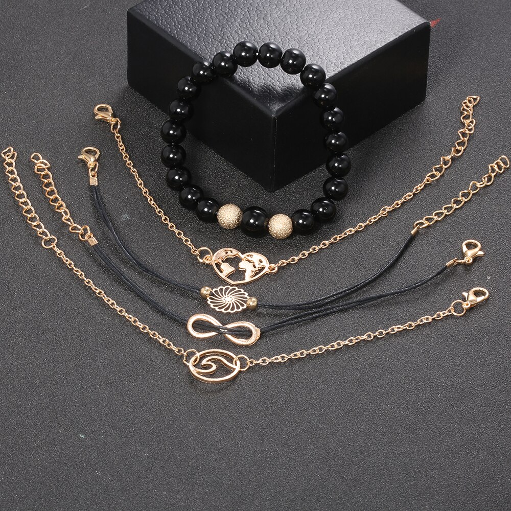 5 Pz/impostato Boho Cuore Mappa Cavità Del Fiore Del Branello A più Strati Del Braccialetto per Le Donne Catena Braccialetto Squisito Bracciale A Catena in Oro impostato