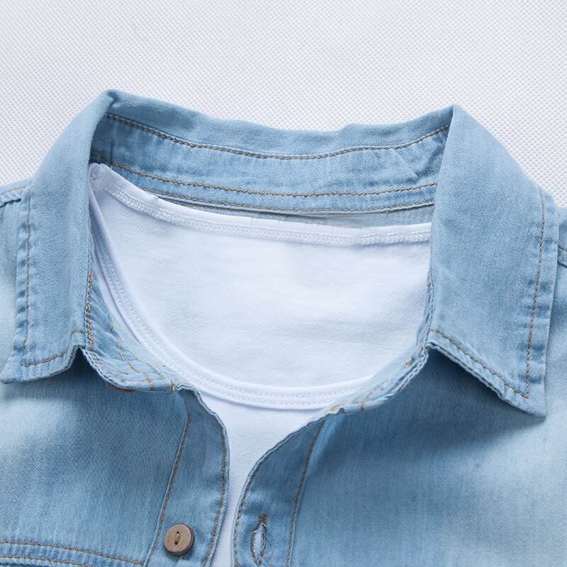 Sommermærke denimskjorte herre bomuld korte ærmer turn-down krave herre skjorter casual slim fit herre jeans skjorter chemise homme