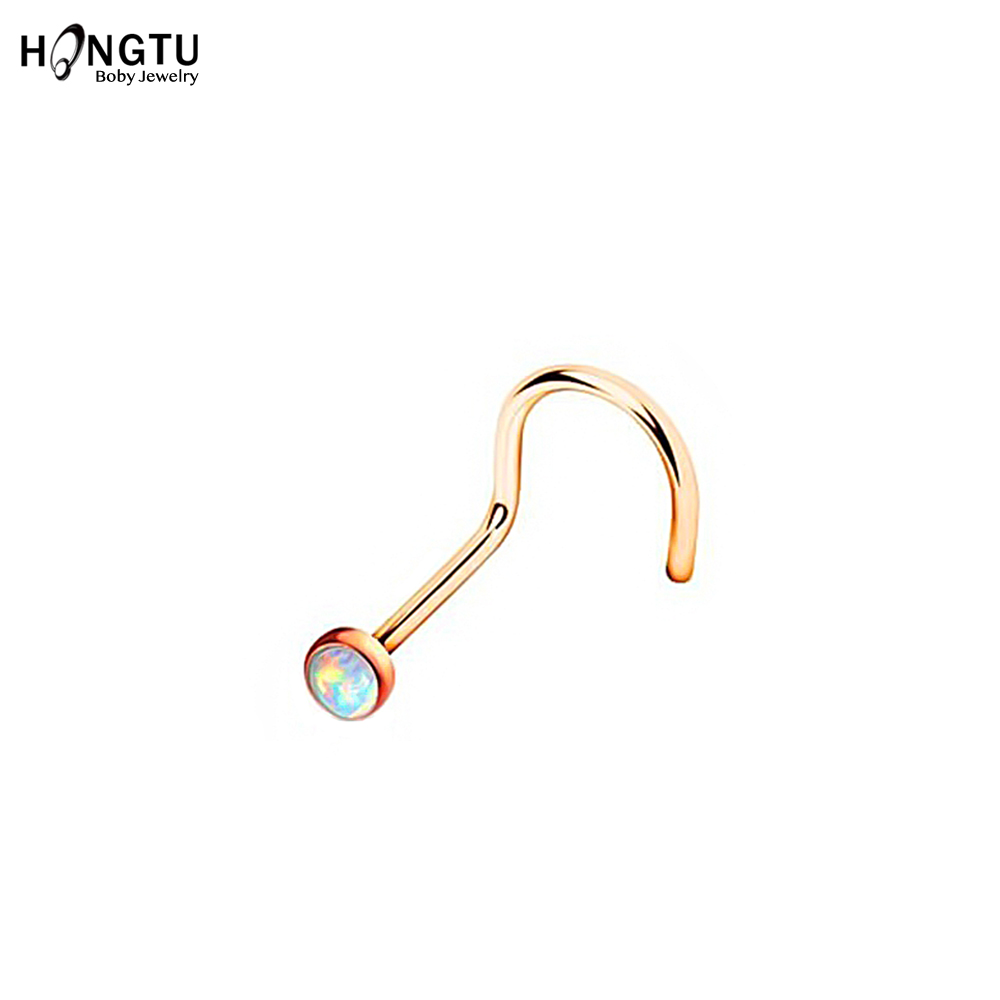 HONGTU 1Pc opale nez vis anneaux 20g acier nez Piercing bijoux de corps indien nez goujon pour femmes filles rond narine Piercing ings: NS13002RG-1PC