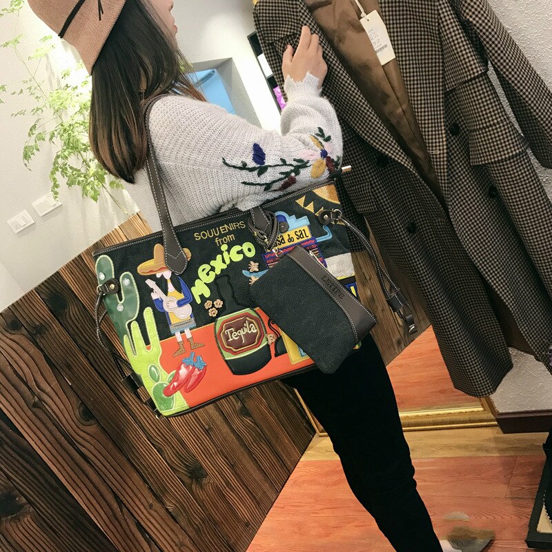 Women Bags Simple Large-capacity Canvas Tote Bag Hobos Women Shoulder Bag Embroidery Canvas: BLACK