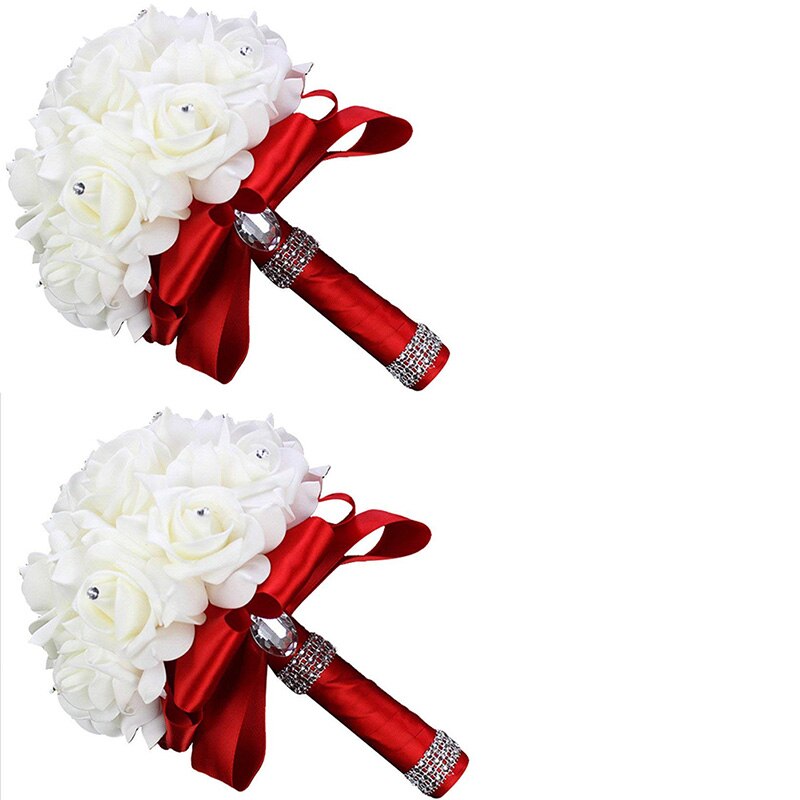 Vacker vit elfenben brud brudtärna blomma bröllop bukett konstgjord blomma ros bukett kristall brud buketter: 2 st röda