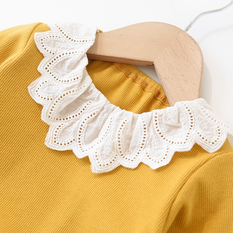 Babymeisjes t-shirt met kanten kraag, kinderblouse voor meisjes, tops, herfstprinsessen, lange mouwen, geribbelde strepen, kindertruien
