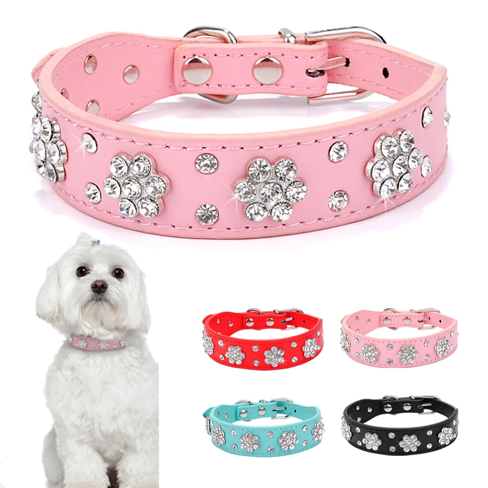 Bling Rhinestone Dog Collars Leather For Small Medium Dogs Adjustable Puppy Dog Chihuahua Collar Crystal Diamante Correa Perro