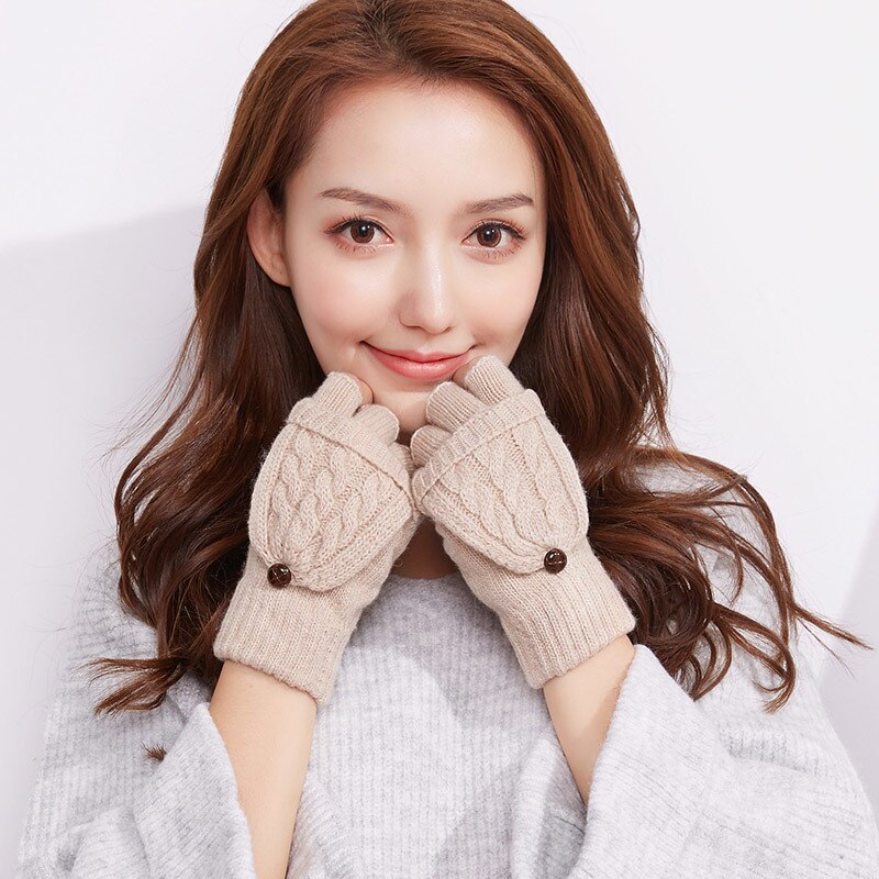 Warmer Winter Outdoor Gloves Women Soft Crochet Knitting Faux Wool Mitten Half Finger Clamshell Warmer Cute Students Gloves: khaki
