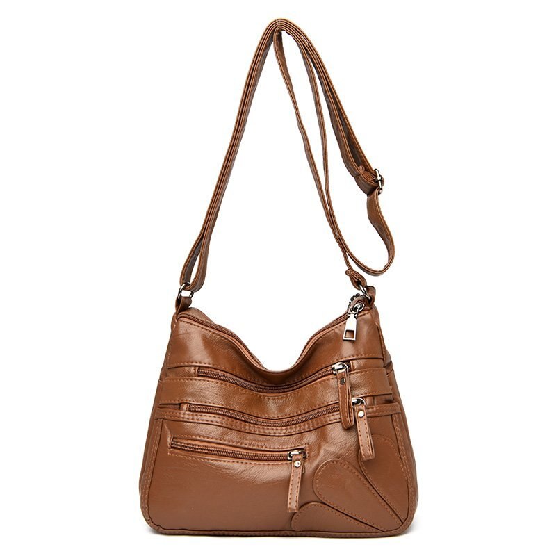 cuir souple sac à main double fermeture éclair sac à bandoulière simple sac de messager tendance multi-poche sac femmes sac marron: brown