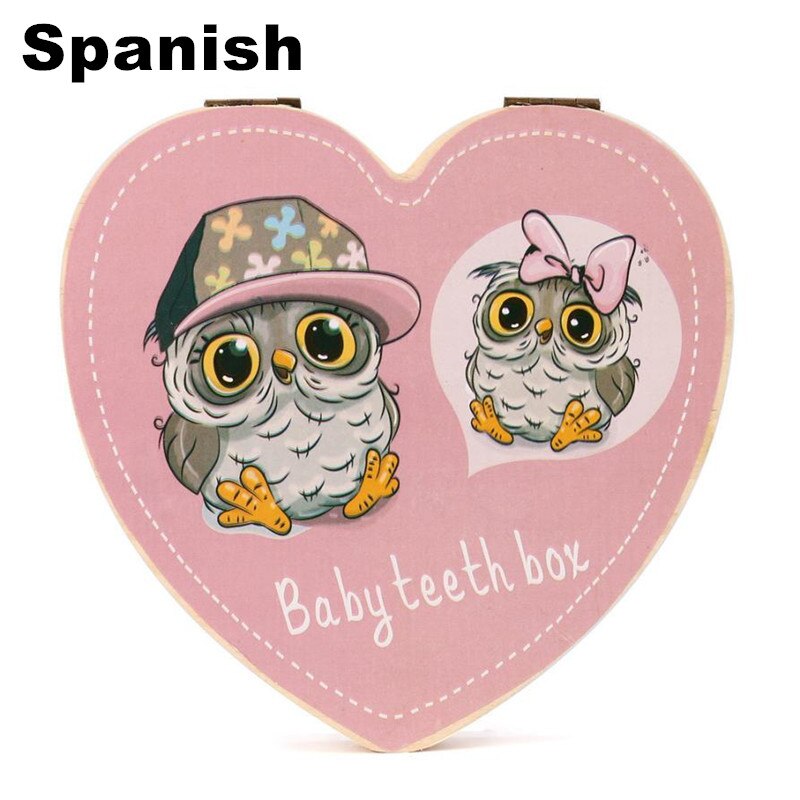 Elsker hjerte engelsk og spansk børn tandkasse arrangør ugle / elefantmaling baby gemme mælketænder træ opbevaringsboks til barn: Spansk -b