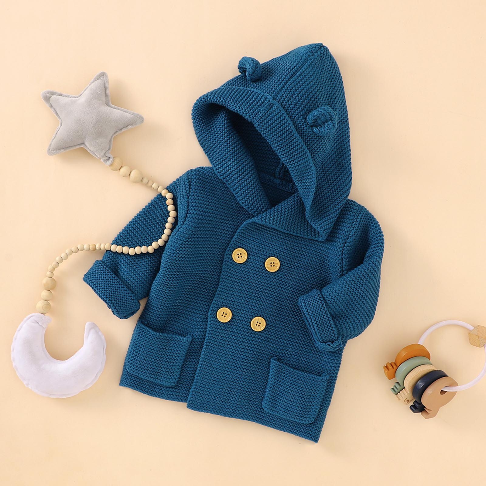 Manteau pour bébés garçons et filles, vêtements d'hiver à la , couleur unie, capuche tricotée, Double boutonnage boutonné, hauts chauds pour enfants