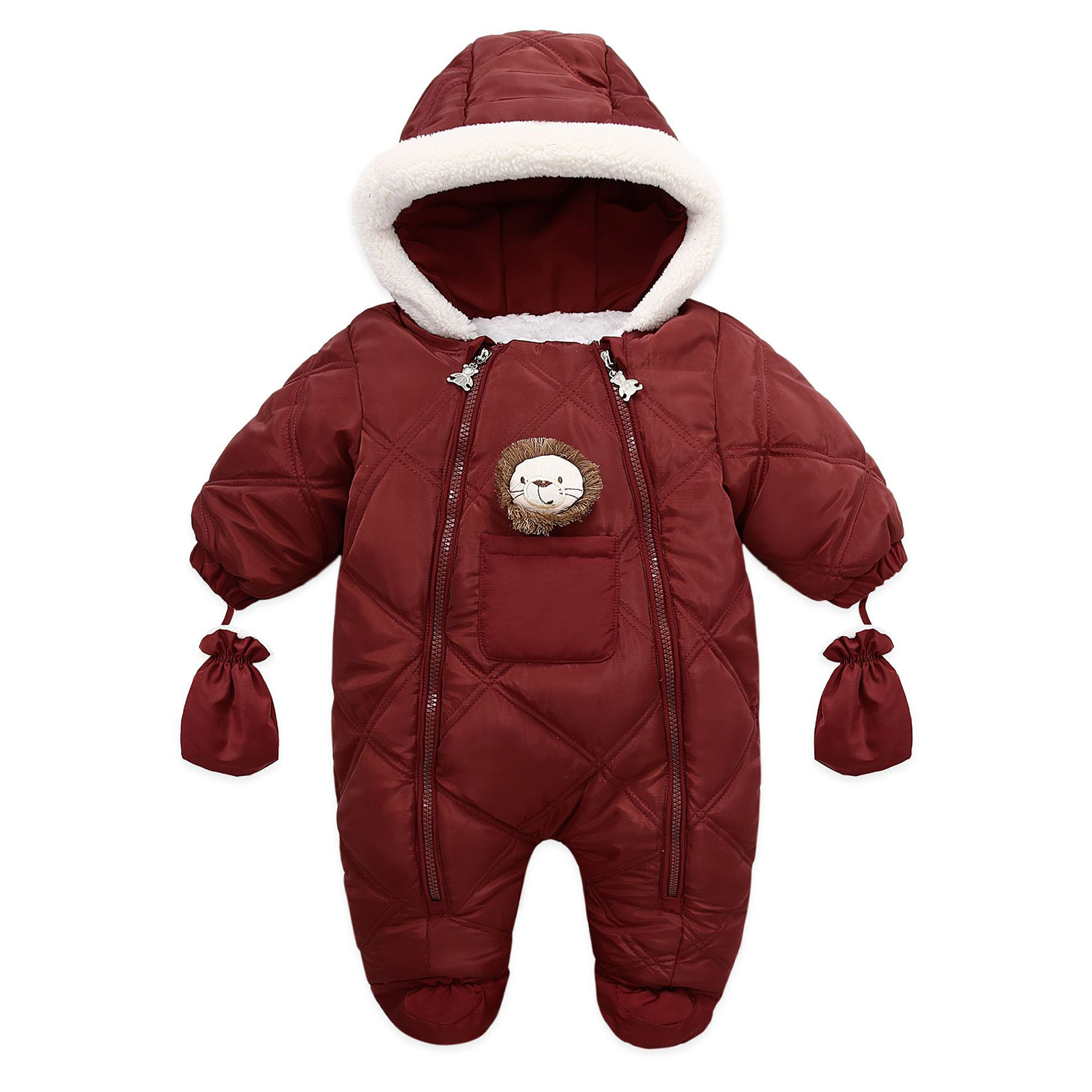 Bebê inverno footed macacão leão dos desenhos animados com capuz mangas compridas footies macacão com luvas para a criança meninas meninos 6-24 meses: C / 12 m