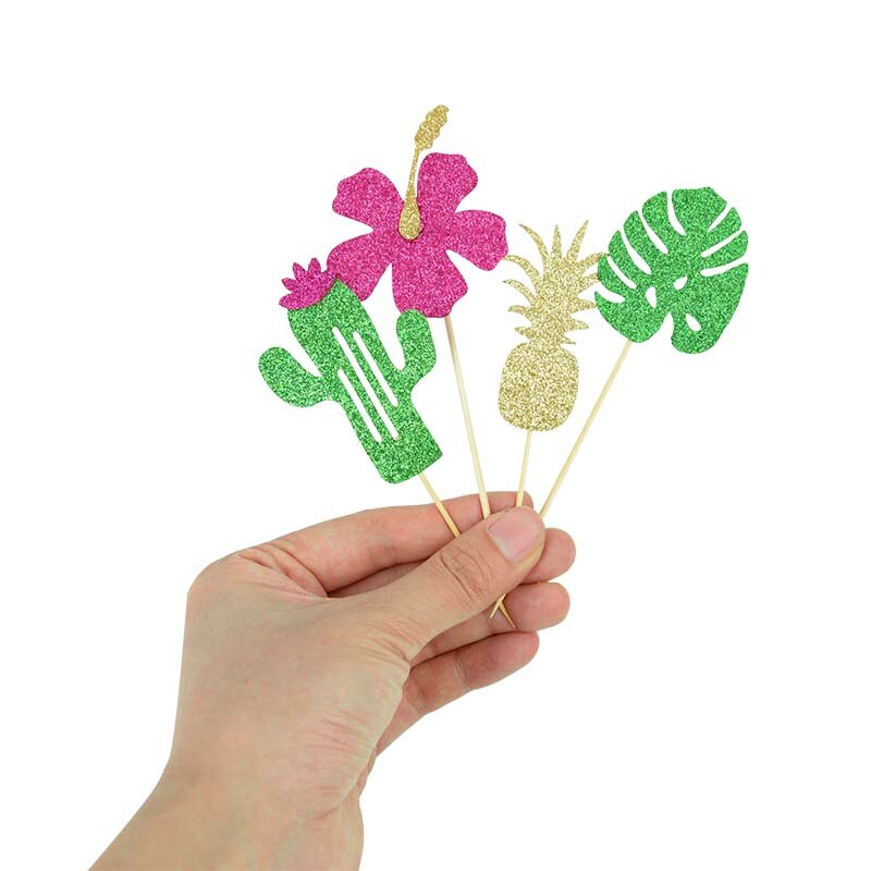 10pcs Glitter Paper Cake Topper Coconut Flamingo Cactus Flowers Leaf Cupcake Toppers Baking Decor Birthday Hawaii Party Supplies