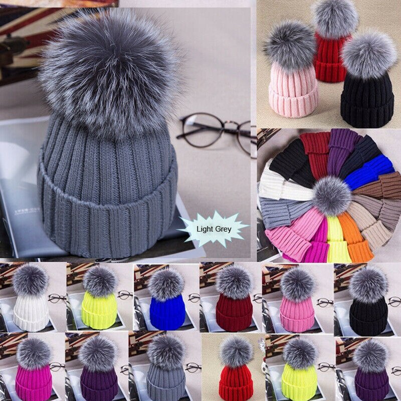 Gorro cálido de invierno para mujer, pompón esponjoso, grande, de piel sintética, negro, azul, blanco y rosa