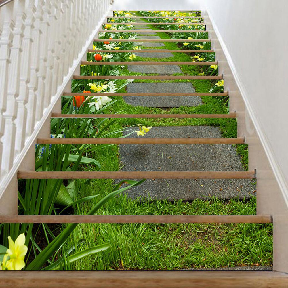 13Pcs Staircase Stair Riser Floor Sticker Self Adhesive DIY Flower Pattern Stairway Wall Decal Decor