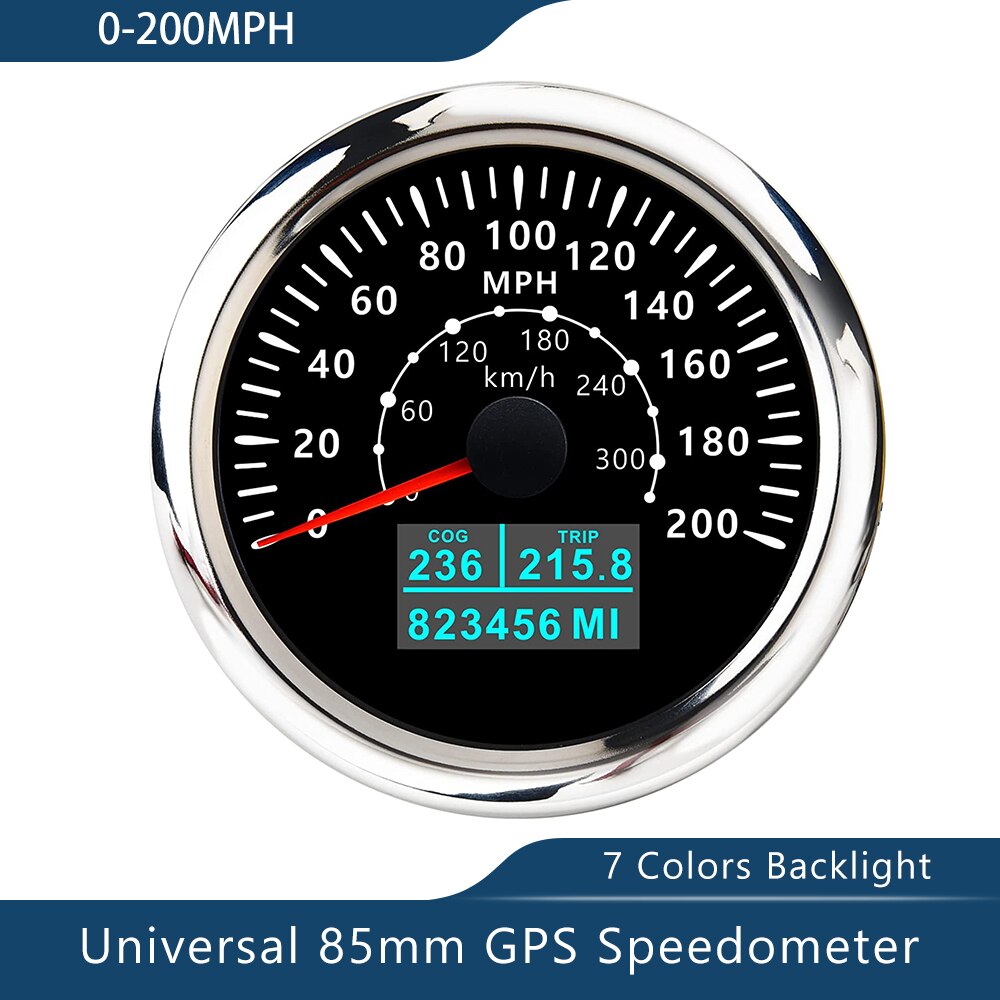 Novo velocímetro de 85mm gps 0-30/60 nós 0-60/80/120/160/200 mph 0-60/120/200km/h com luz de fundo de 7 cores para a motocicleta do barco do carro: 200MBS