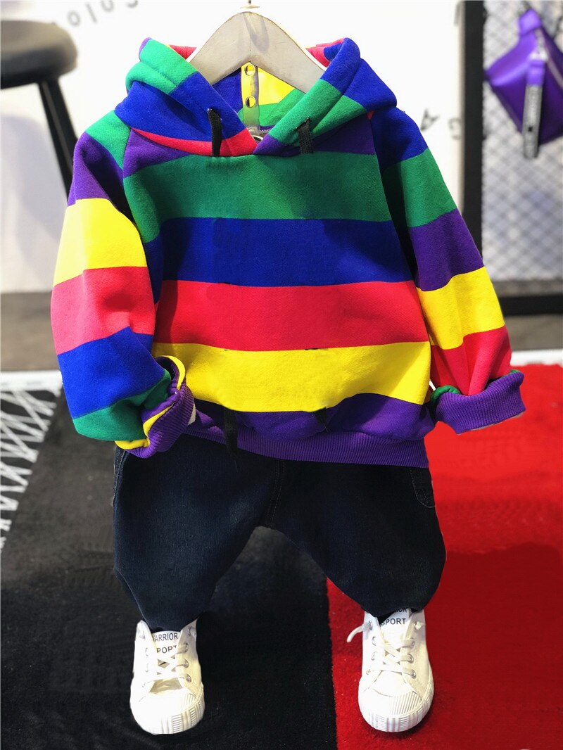 Merke gutteklær barn vinter gutter klær regnbuebar barn gutteklær sett fortykket hettegenser, fortykket jeans