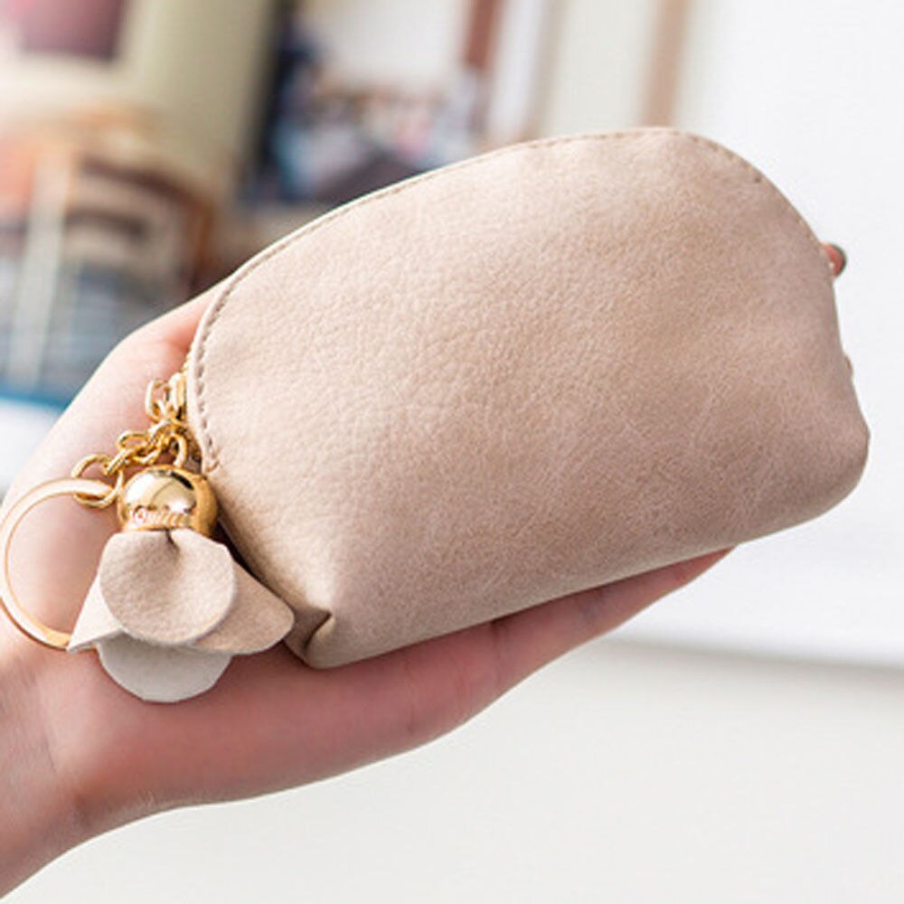 Mini portefeuille en cuir pour femmes, pochette, porte-monnaie, mignon, fleur pendentif, sac à main: Beige
