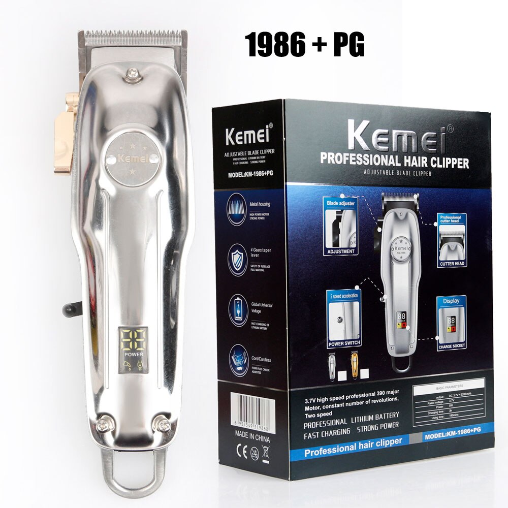 Kemei km -1986 + pg frisør hårklipper fræser elektrisk trådløs hårtrimmer hårklipper helt metal: Sølvæske 1986pg