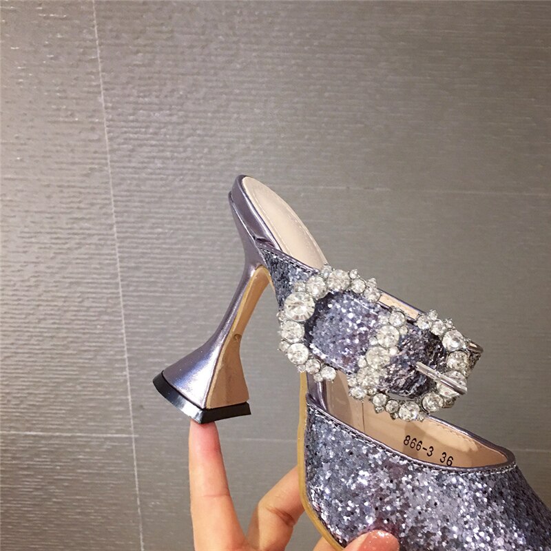 Zomer dames bling kristallen slippers muiltjes hoge hakken slippers suède gesloten teen hoge hakken slippers glinsterende nette schoenen