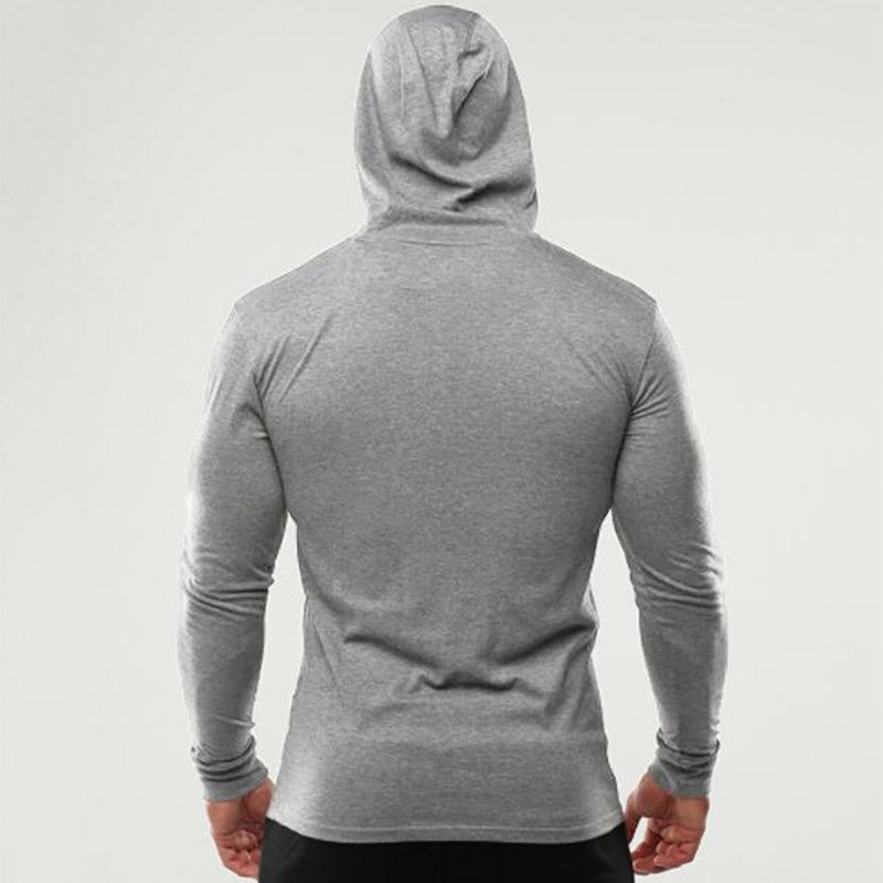 Ropa de gimnasio de Color sólido, camiseta ajustada de manga larga con capucha, Sudadera con capucha transpirable de algodón, ropa deportiva muscular para culturismo y Fitness para hombre