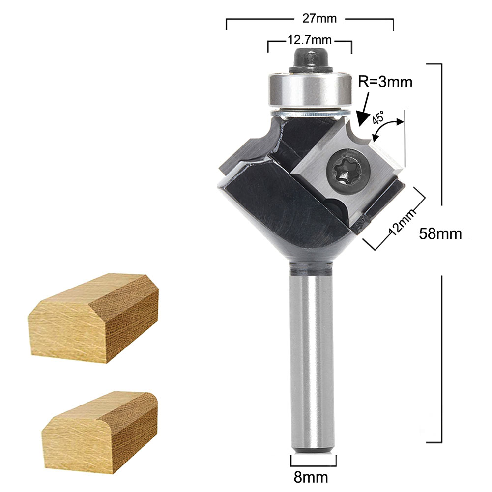 CNC 2 Blades Router Bit Round Bevel Corner Insert Woodworking Milling Cutter With Bearing Milling Cutter Woodworking Tool: 33mm
