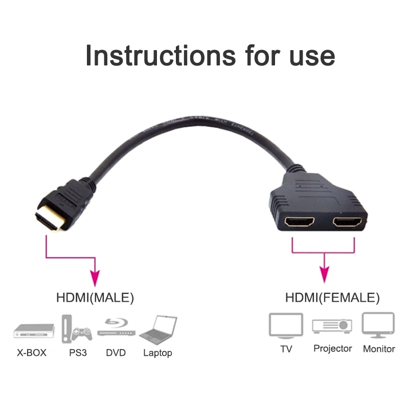 Hdmi han til hdmi hun kabel hdmi splitter 1 in 2 ud adapter konverter video kabler understøtter 1080p til pc display projektor tv