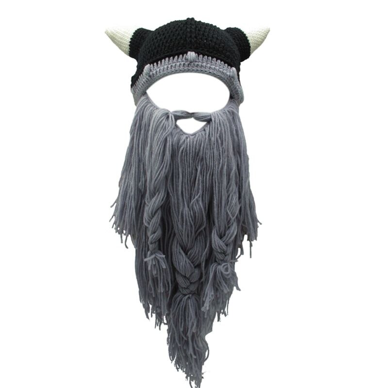 Adulto loco divertido Cosplay de Halloween de punto vikingo barba cuerno sombrero esquí máscara salvaje Vagabond Vintage Beanie Cap invierno más cálido: A