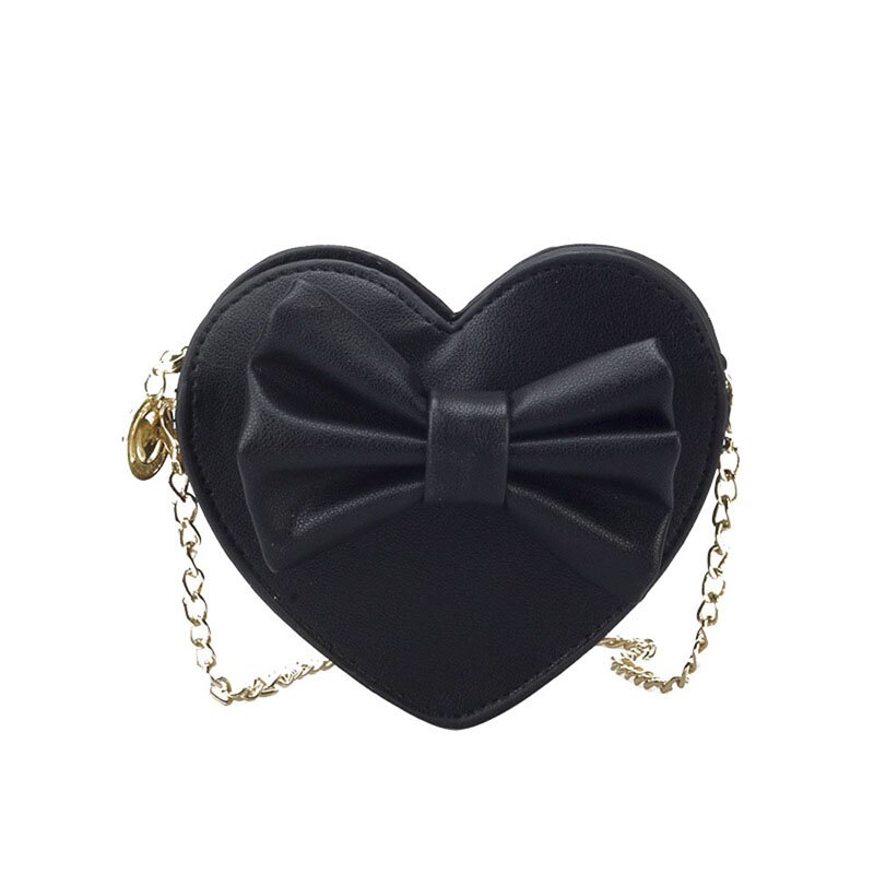 Baby Girls Cute Bow Handbags Heart Shaped Shoulder Bag Solid Color Crossbody Bags Small Purse PU Leather: Black