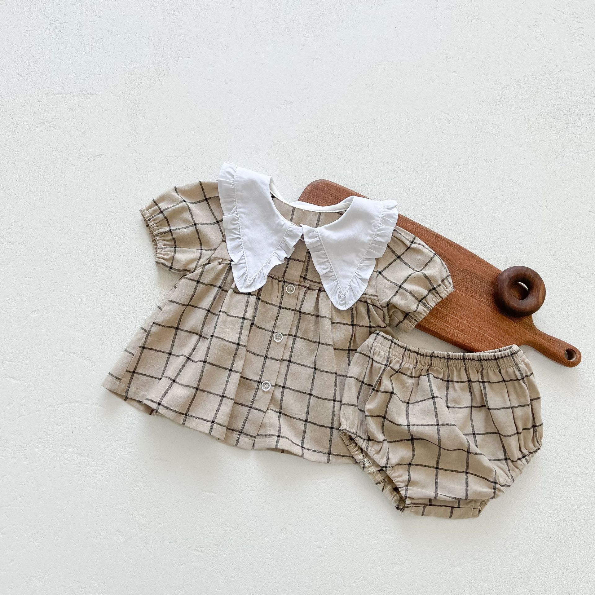 1676C Baby Kleding Set Meisje Pak Zomer 2022 Korte Mouwen Baby Meisje Tweedelige Kleding Revers Knop Jas + Brood Shorts: Plaid / 80 for 1y