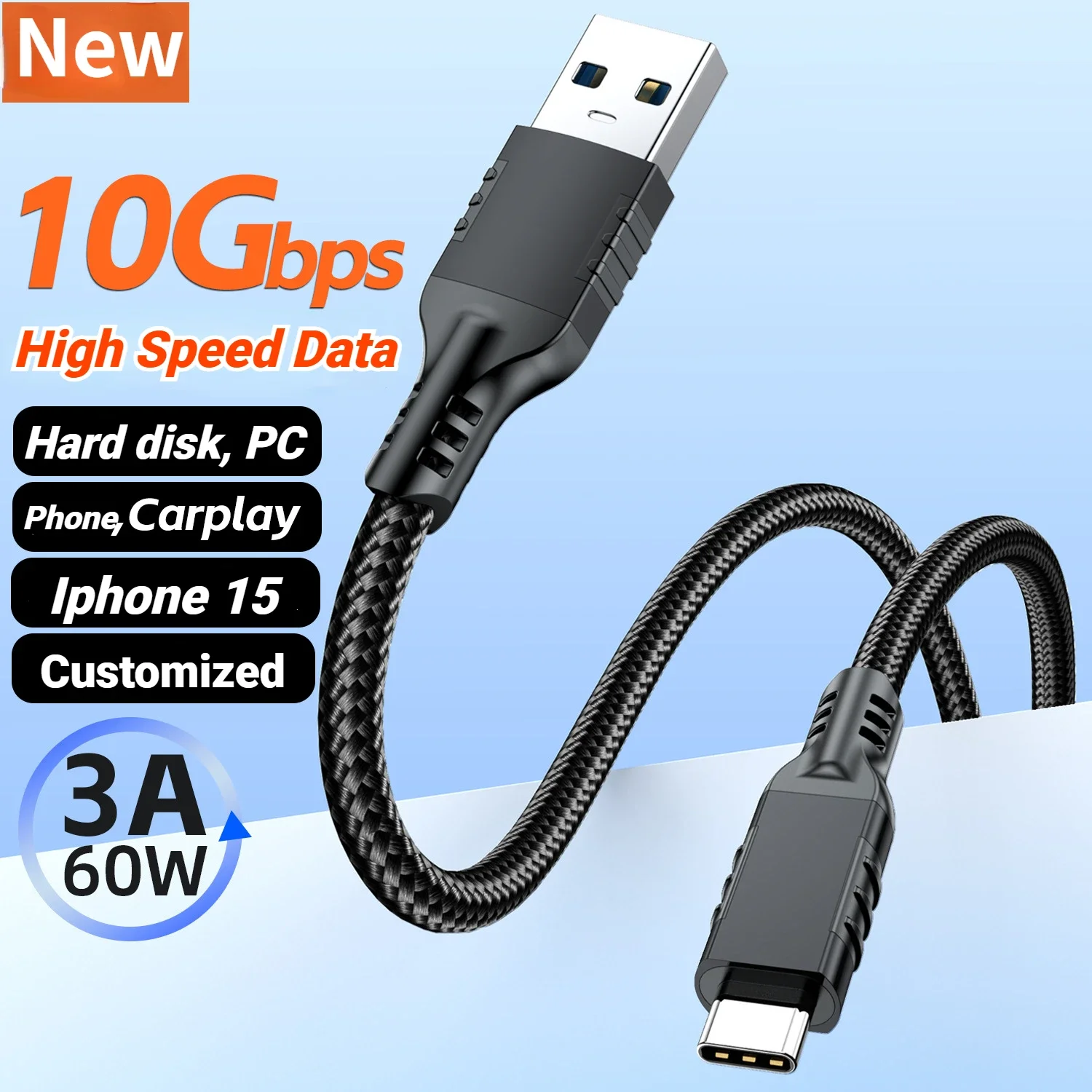 Cabo de dados tipo C para disco rígido, cabos de carregamento rápido USB-C, cabo trançado, Carplay, HDD, carregador de carro, USB 3.2, 10GBPS, 3A, 60W