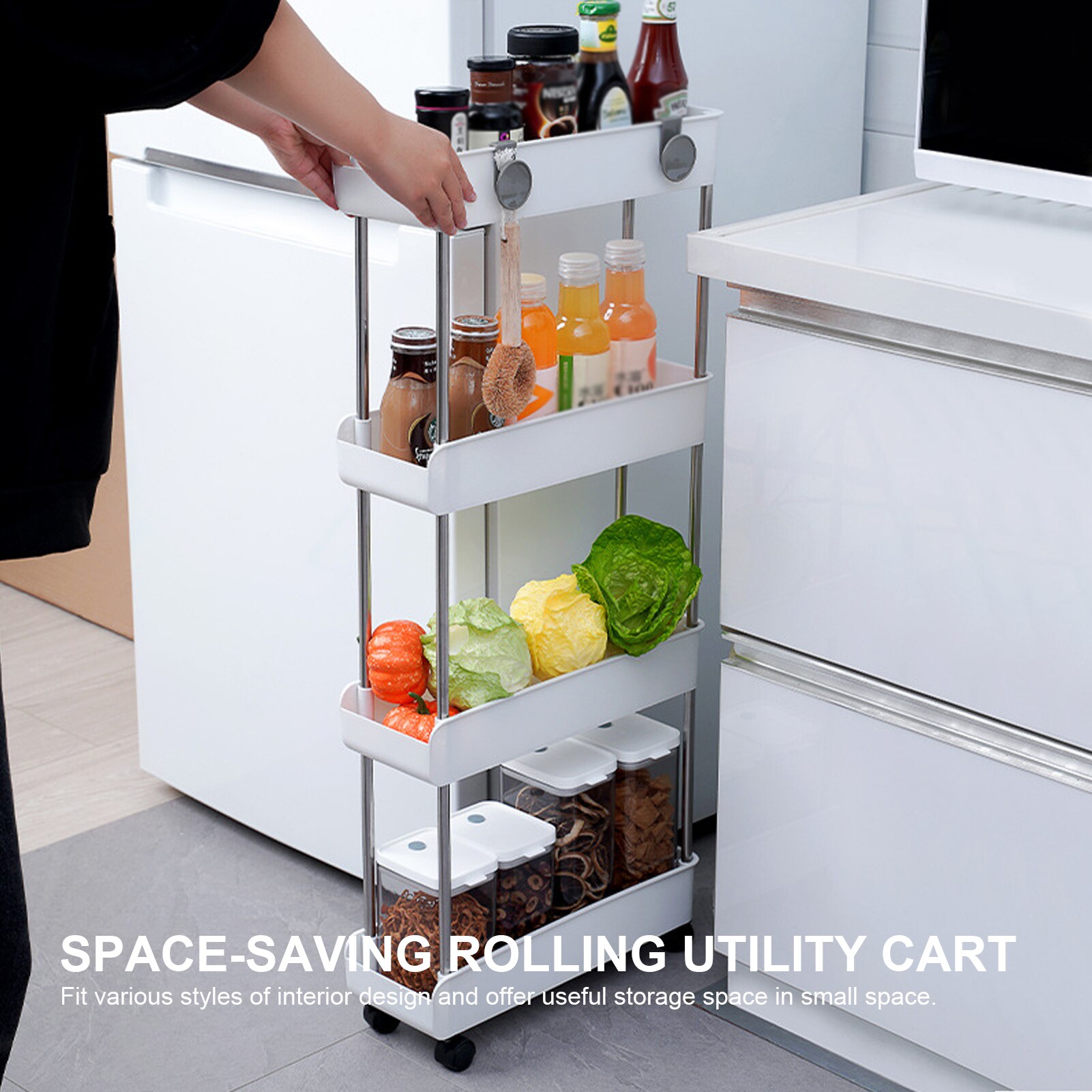 Kitchen Trolley 3/4 Tier bedroom snacks Cart Bathroom Storage Rack with Wheels Househlod Standing Shelf Service Cart