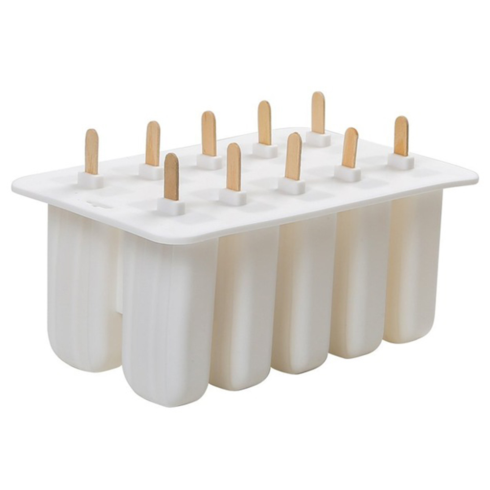 Household 10 Grids Ice Cream Tub Maker Tray With 50pcs Sticks Food Grade Silicone Fridge Shaping Mold: White