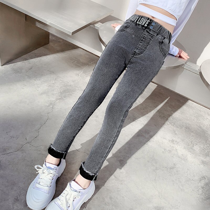 Skinny Fit Children's Jeans 4 5 6 7 8 9 10 12 14Years Teenager Slim Jeans Korean Solid Color Denim Pencil Pants Student Girls: Dark Grey / 9
