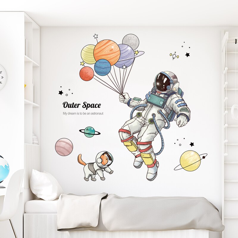 3D Astronaut Removable Wall Stickers Spaceship Space Planet Balloon Decal for Kid's Room Cartoon Kindergarten Sticker