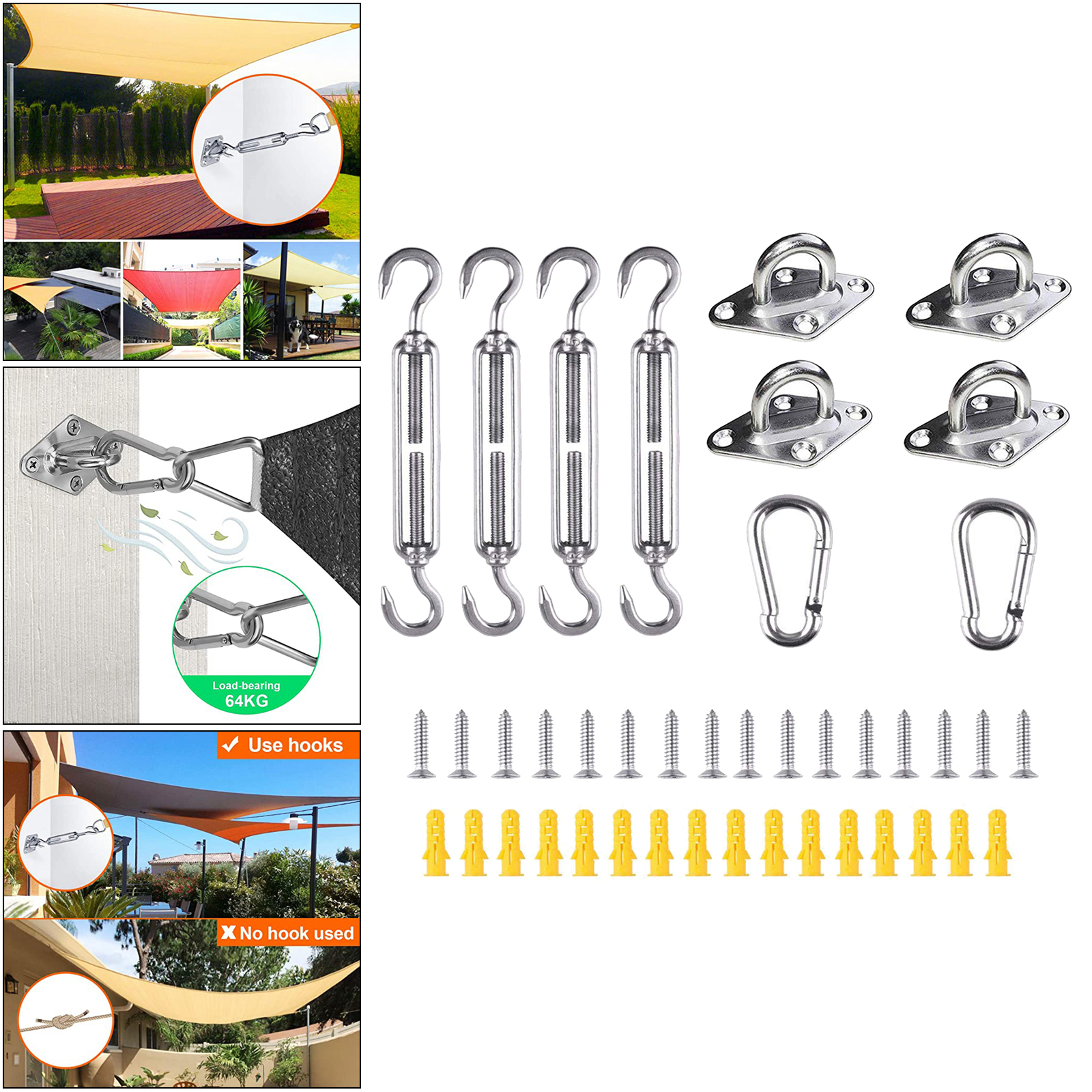 Awning Install Attachment Set Heavy Duty Sun Shade Sail 304 Stainless Steel Anti-Rust Hardware Kit for Home Garden Sunshade