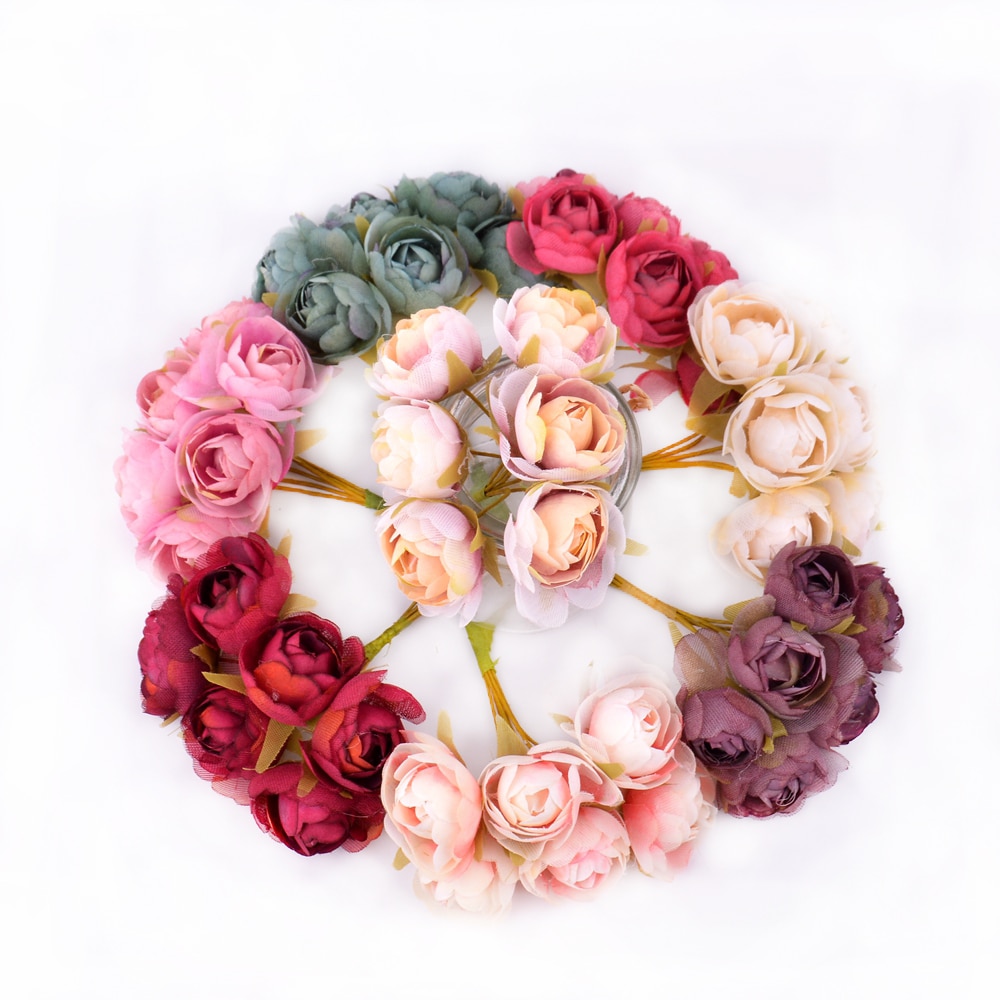 6 stks/partij bodem gaas rose boeket kunstmatige bloem Voor bruiloft thuis Kerst decoratie DIY krans plakboek box