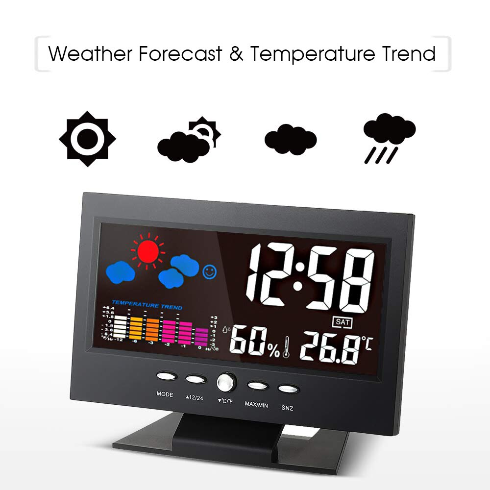 LCD Weather Station Thermometer LCD Color Screen Indoor Temperature Humidity Calendar Humidity/Weather/Snooze Alarm Clock
