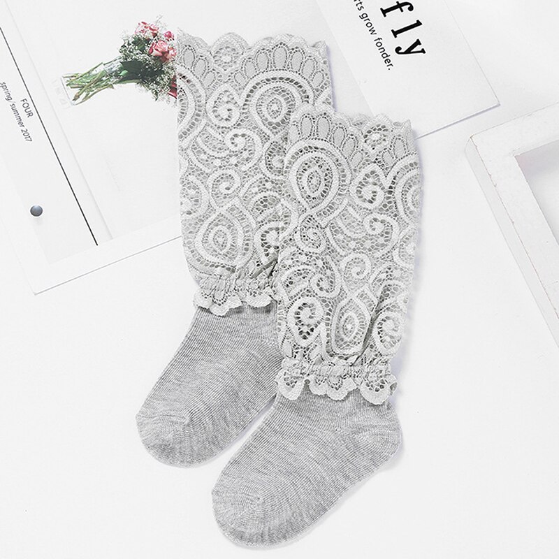 Kanten kniekousen voor meisjes, prinsessenstijl, lange sokken voor peuters, zomersokken voor meisjes, babyjurken, kledingaccessoires: Grijs